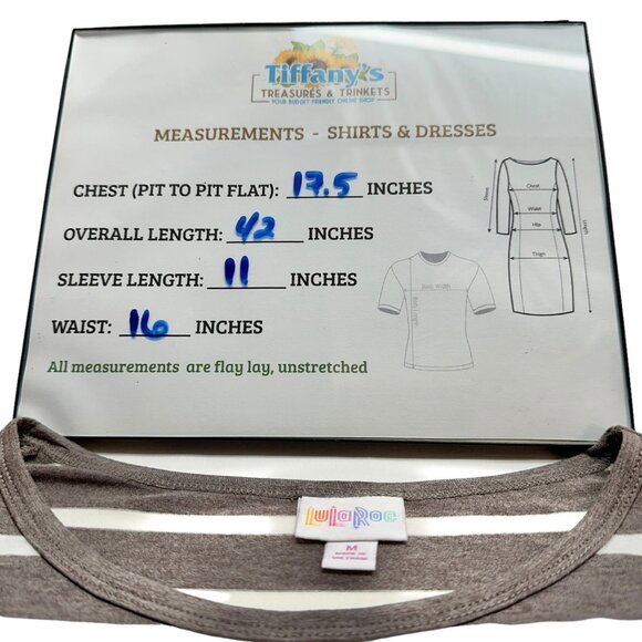 LuLaRoe Retired Julia Dress M Heathered Brown and White Striped SS Form Fit NWT - Picture 7 of 8